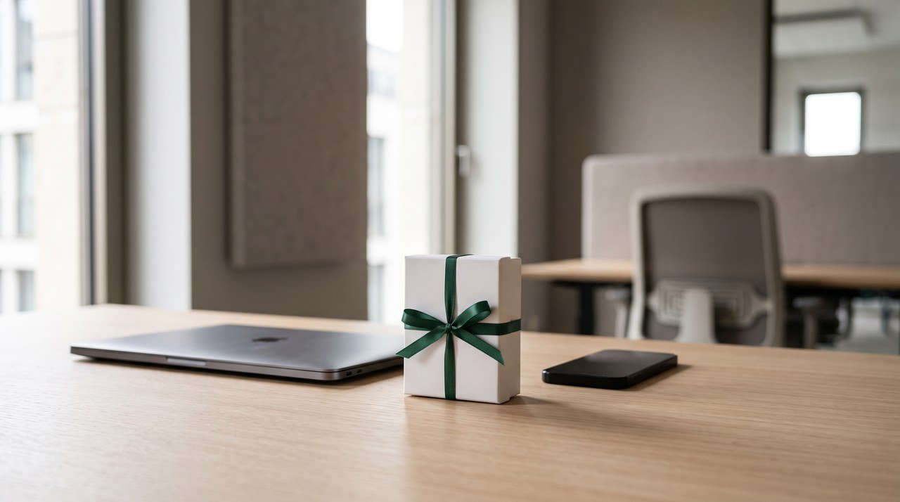 Kleine weiße Geschenkbox mit grünem Band auf einem aufgeräumten Schreibtisch