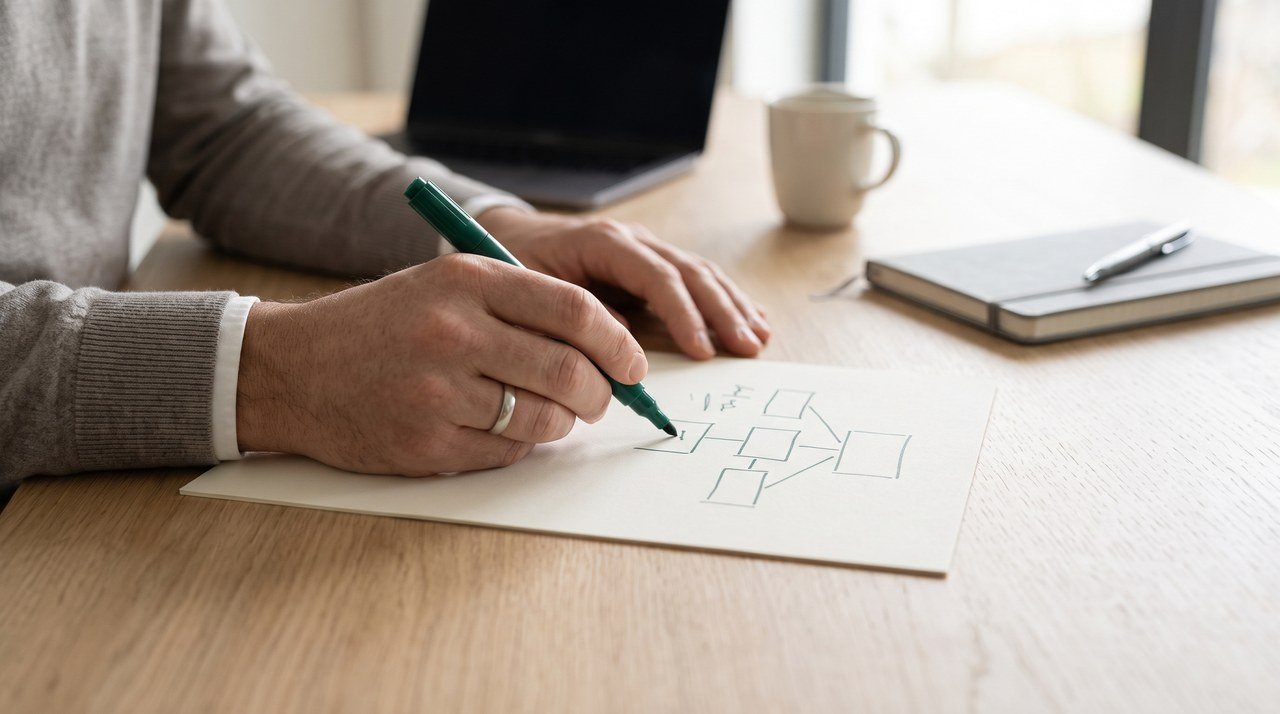 Hände eines Beraters, die mit grünem Stift eine Struktur auf ein Blatt Papier zeichnen